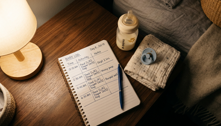 Overhead view of a handwritten newborn care log beside a bottle, pacifier, and soft blanket