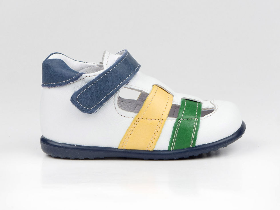 Thumbnail: EMEL WHITE/YELLOW/GREEN LEATHER VELCRO SANDALS (E1942-10)