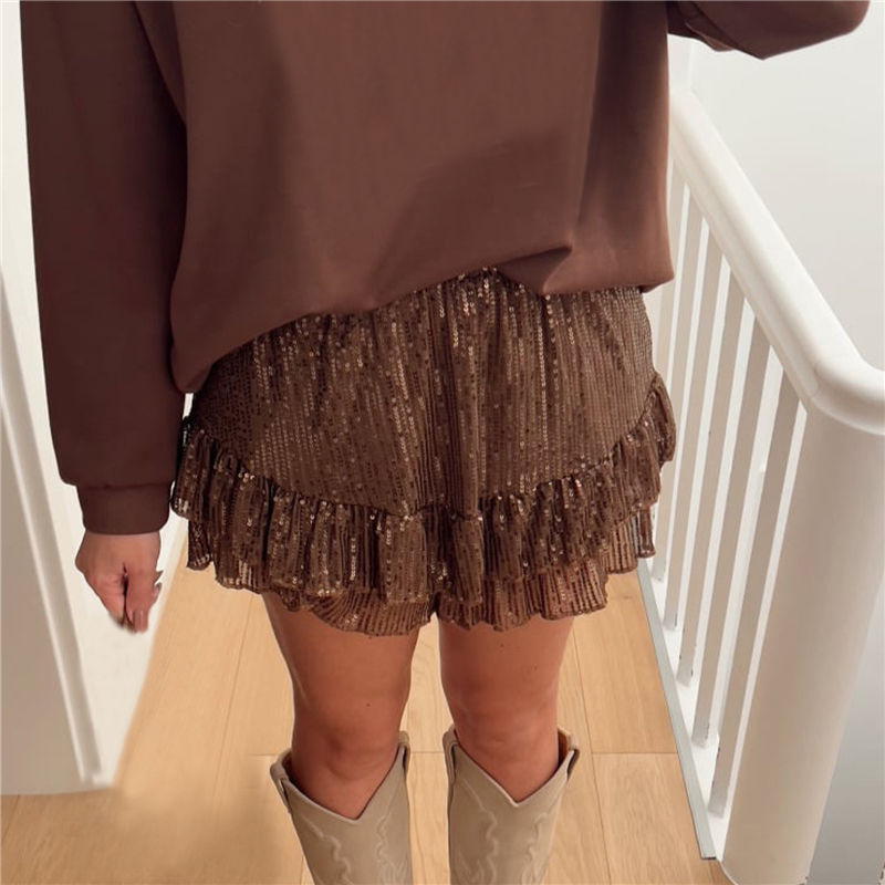 Thumbnail: Women Summer Sequins Shorts Elastic Waist Ruffle Straight Leg Shorts Glitter Hot