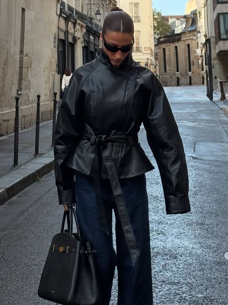 Thumbnail: HH Women Fashion Black Short Faux Leather Trench Coat Long Sleeve Lapel Jacket W