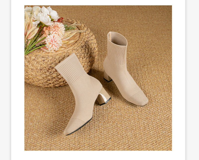 Thumbnail: Black Square Toe Knit Sock Boots Elastic Slim Thick Block Heel High Heels Short 