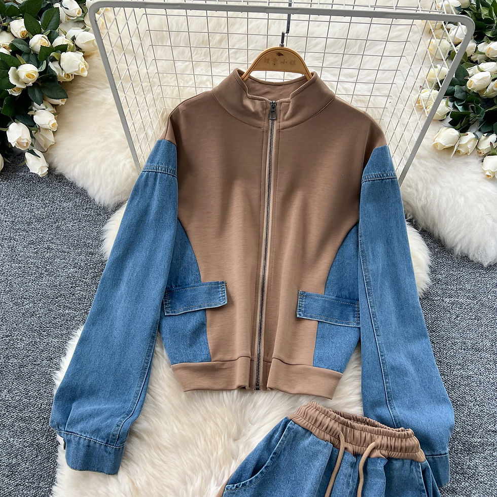 Thumbnail: Pant Set Women Two Piece Sets Denim Stand Collar Matching Sets Casual Loose Tops
