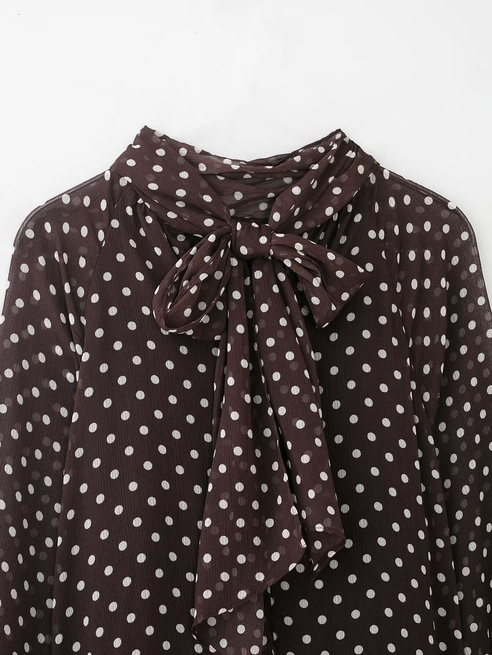 Thumbnail: Women's Dots Printed Blouse Shirt Spring Autumn Fashion Long Sleeve Bow Lace-Up 