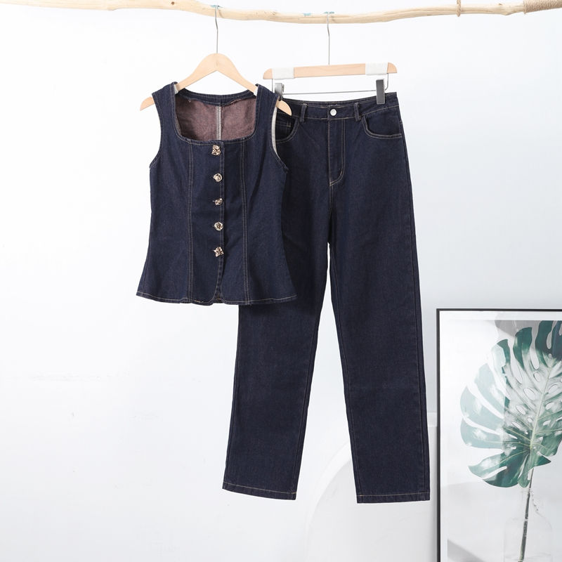 Thumbnail: Denim Square Collar Vest Jeans Set Women's Slim Single Breasted Sleeveless Tank 