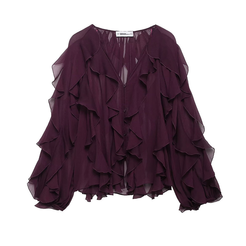 Thumbnail: DUOPERI Women Fashion Solid Ruffled Blouse Vintage V-Neck Long Sleeves Female Ch