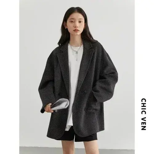 Thumbnail: CHIC VEN Women's Woolen Coats Loose Casual Double Breasted Retro Double-sided Ja