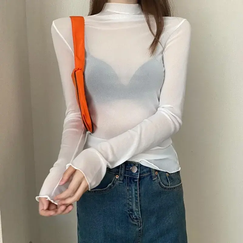 Thumbnail: Sexy Women T Shirt See Through Transparent Mesh Tops Long Sleeve Sheer Slim Ladi