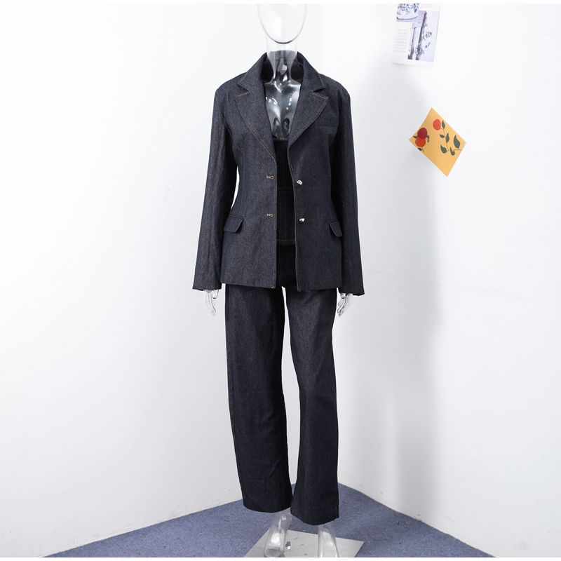 Thumbnail: Retro Denim Vest Suit Jacket Pant 3 Piece Sets Women Classic Tube Top Waist-cinc