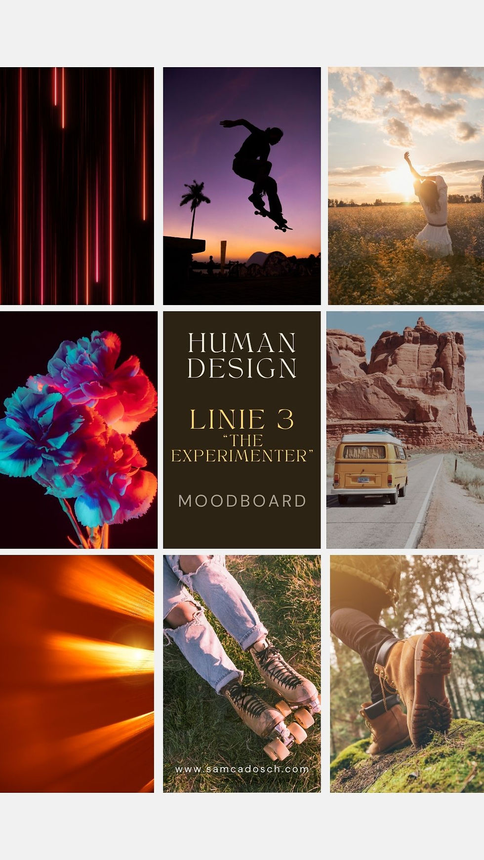 Human Design Linie 3 Moodboard – kräftige Farben, Bewegung, Reisen, Abenteuer und ständige Weiterentwicklung. Diese Linie lernt durch Erfahrung.