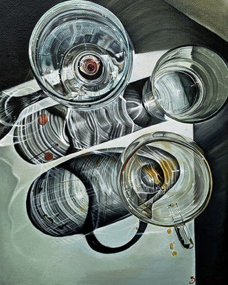 photorealistic oil painting still life of glasses wine glass cup