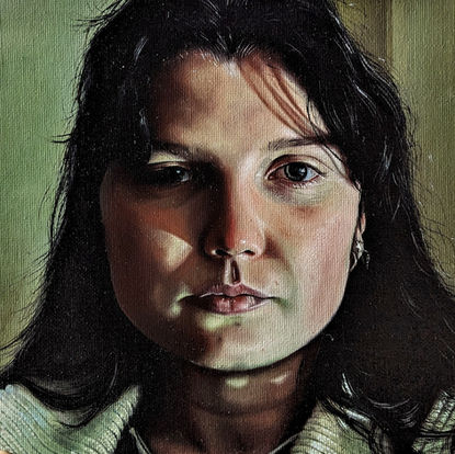 photorealistic oil painting portrait of young woman with black hair