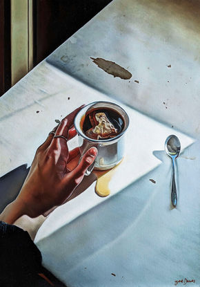 photorealistic oil painting of a hand holding a cup of tea