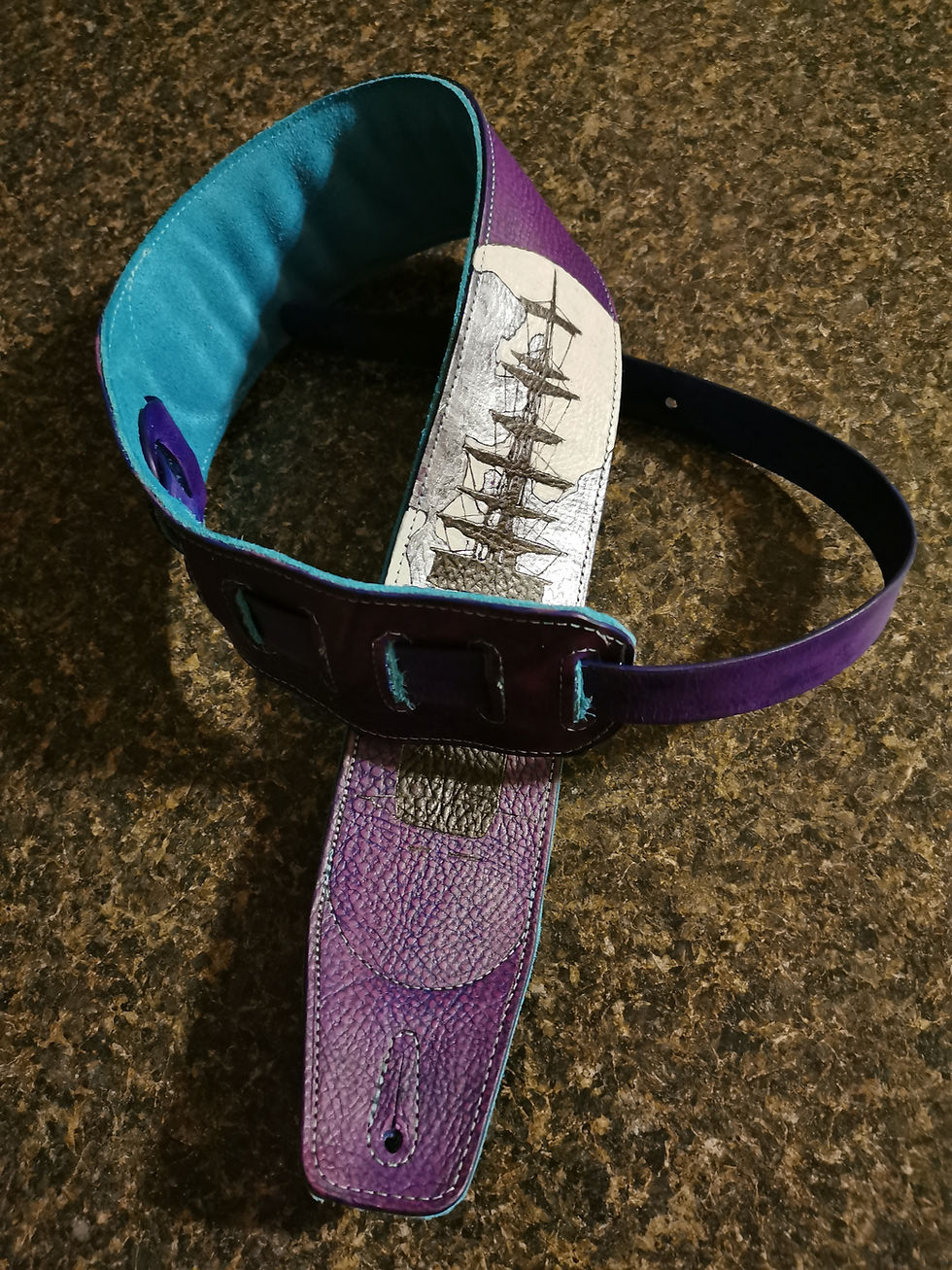 Thumbnail: Custom Leather Guitar Strap -Pirate Ship & Moon - Purple