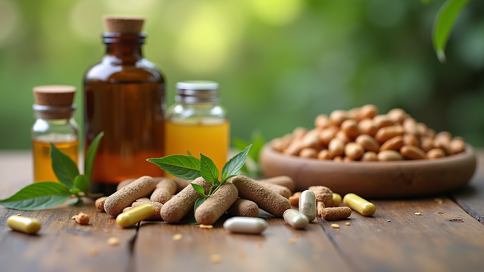 Close-up view of herbal remedies and natural supplements on a wooden table