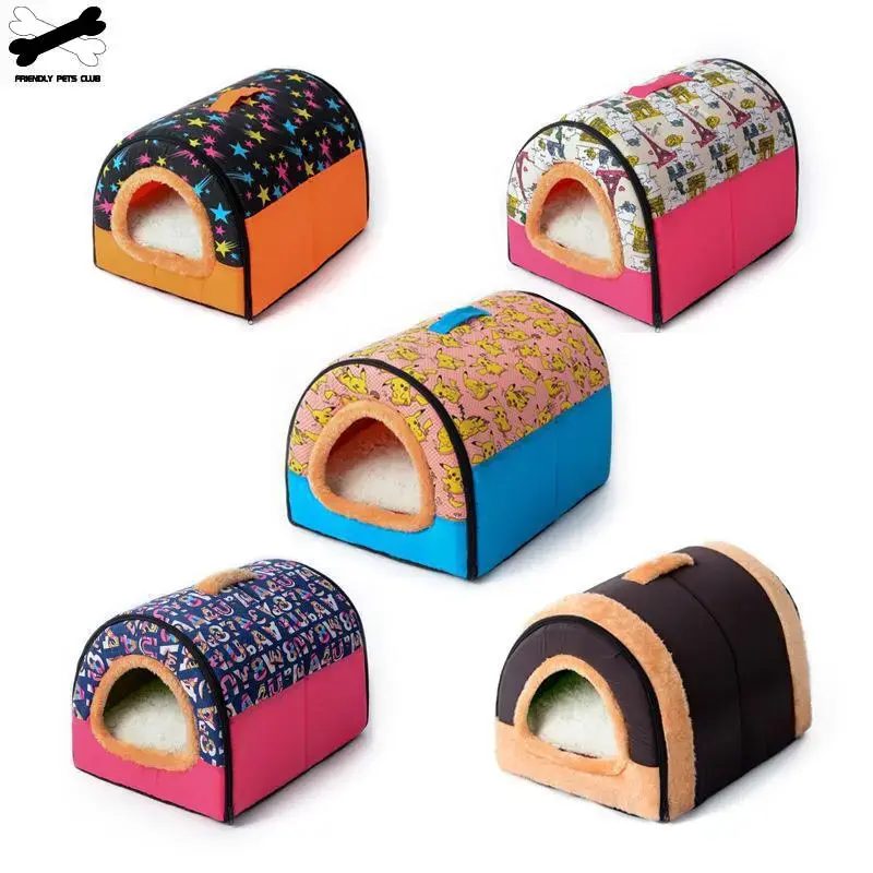 Thumbnail: Large Pet Dog Bed Foldable Cat House Cave Comfortable Print Stars Kennel Mat for