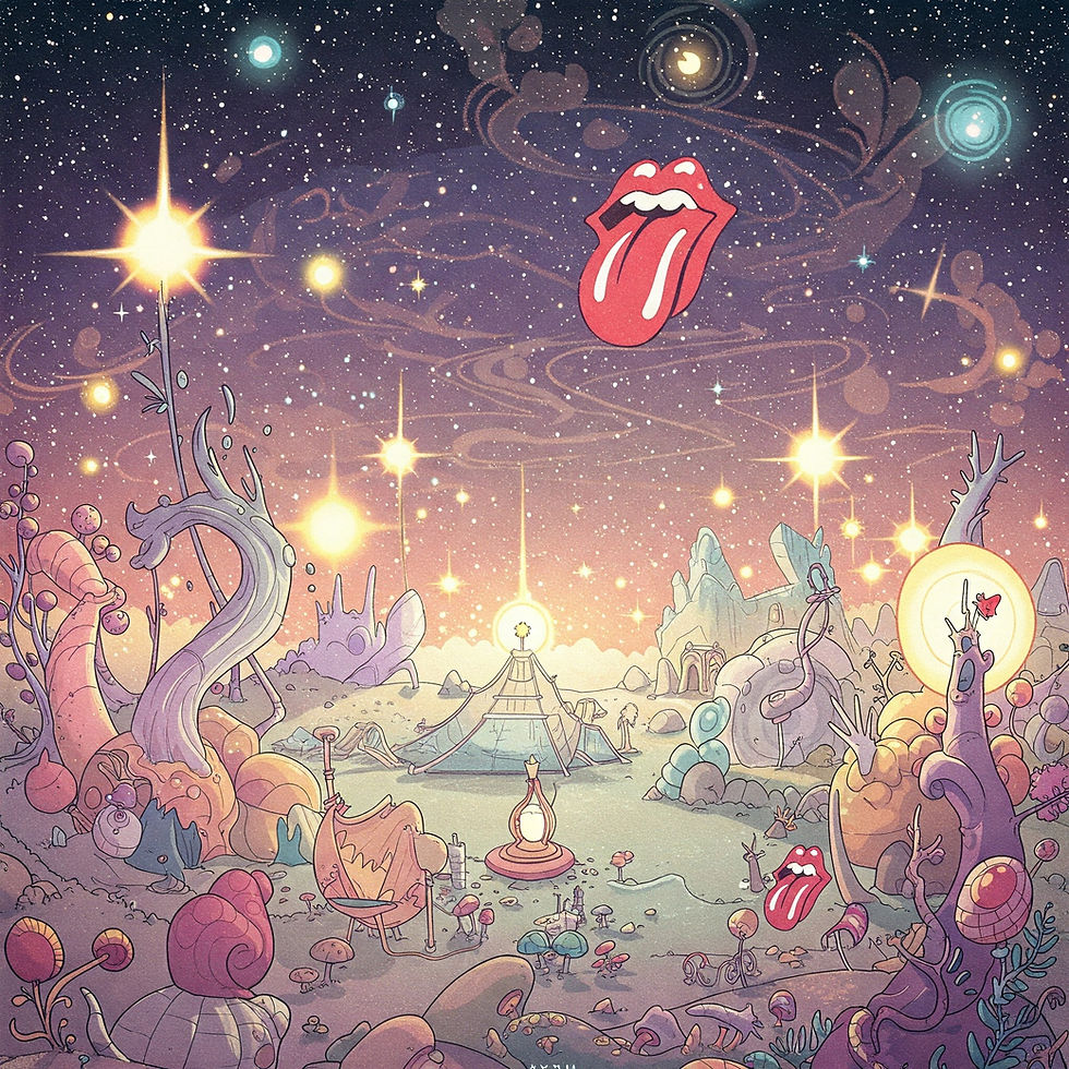 Surreal landscape with vibrant colors, abstract plants, and starry sky. A tongue logo is prominent. Whimsical, dreamlike atmosphere.