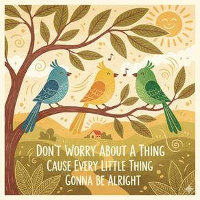 Three colorful birds sing on a tree branch under a smiling sun. Text reads, "Don't worry about a thing, 'cause every little thing gonna be alright."