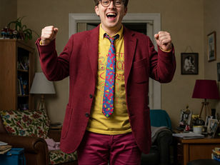 A person in a red suit and colorful tie cheers, standing in a cozy living room. A yellow shirt with text, patterned tie, and joyous mood.