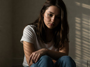 Young woman in white tee and jeans sits pensively in dim room with striped shadows on wall, creating a contemplative mood.