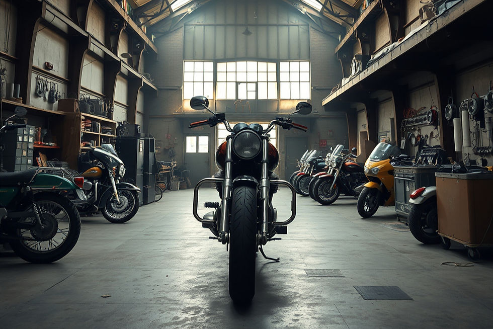 an image of the inside of a large, lofty motorcycle repair shop in 0.jpg