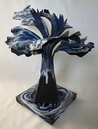 Cloud-like swirls emerge from central dark brown cone representing a tornado. Colours are dark blues, white and grey. On 6" painted base.