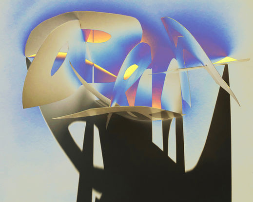 Photo of 3D-assemblage with blue, purple shadows and yellow and orange highlights