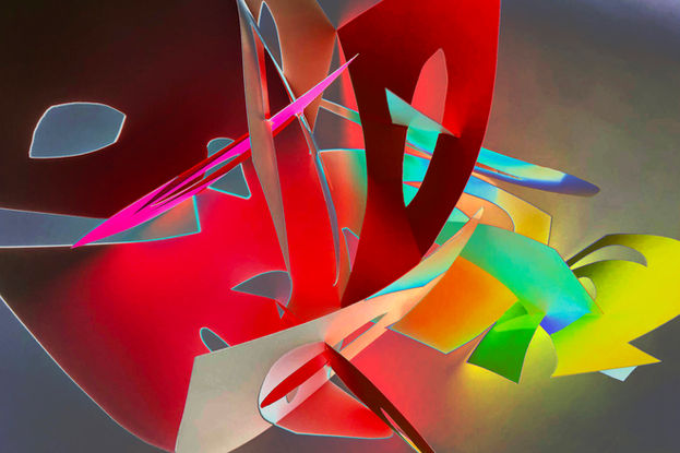 Abstract shapes glowing on a neutral, dark background. Red, orange, aqua, green and yellow.