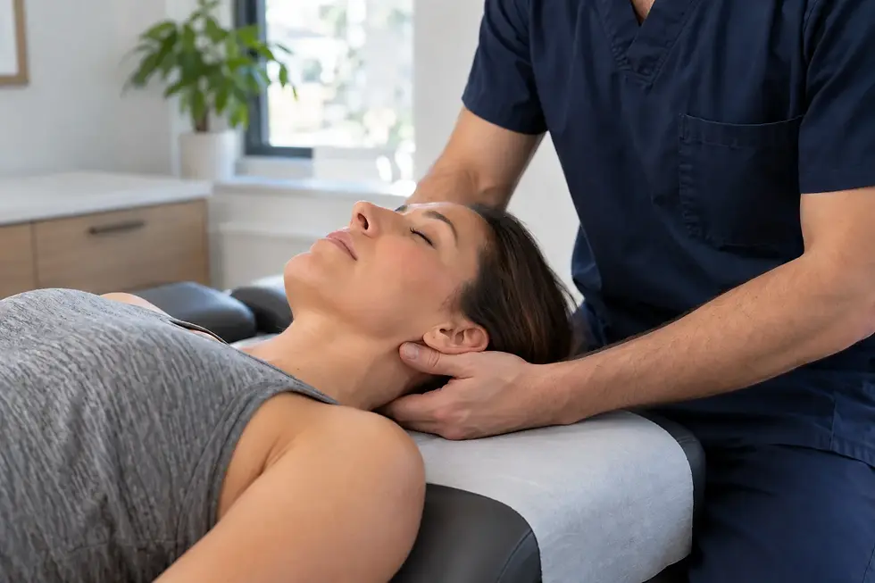Clinician gently supporting a patient’s neck during hands-on treatment while she lies on a padded treatment table.