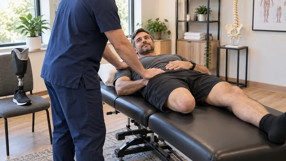 Male below-knee amputee receiving a gentle chiropractic assessment with his prosthetic leg nearby.