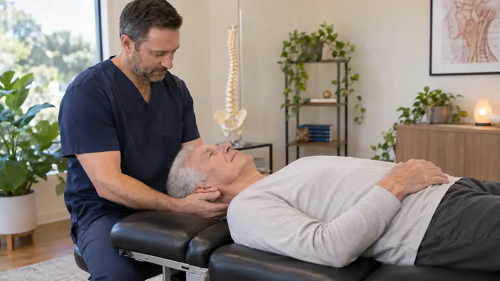 Chiropractor gently examining an elderly man’s upper neck during care for trigeminal neuralgia.