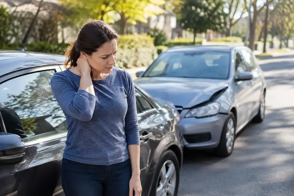 Woman holding the back of her neck beside two damaged cars after a rear-end collision.