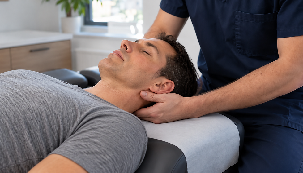 A man receiving a neck adjustment from a therapist on a treatment table.