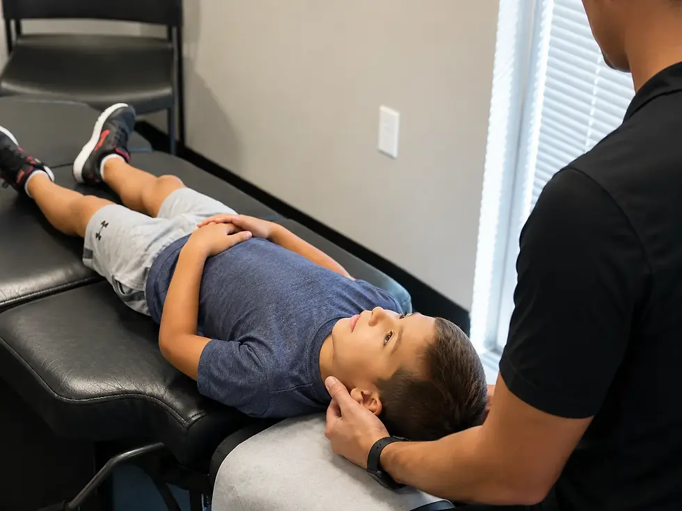 Chiropractor gently examining a child’s upper neck during a pediatric chiropractic appointment.