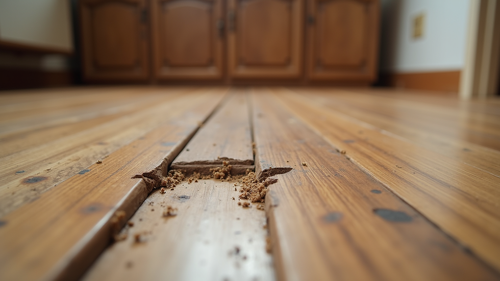 Close-up view of termite damage on wooden floorboards