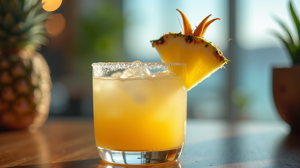 Eye-level view of a tropical cocktail with pineapple and coconut garnish