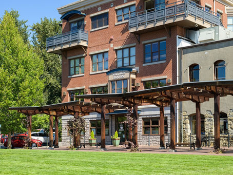 Fairhaven, Bellingham, Washington. The courtyard of Fairhaven Village Green where Village Books is and local restaurants and cafes, Colophon, Fairhaven Village Inn and more