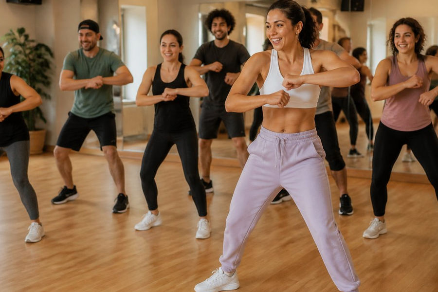 A diverse group of adults in casual workout clothes following a friendly instructor through a simple dance step in a bright, welcoming studio with mirrors and warm lighting
