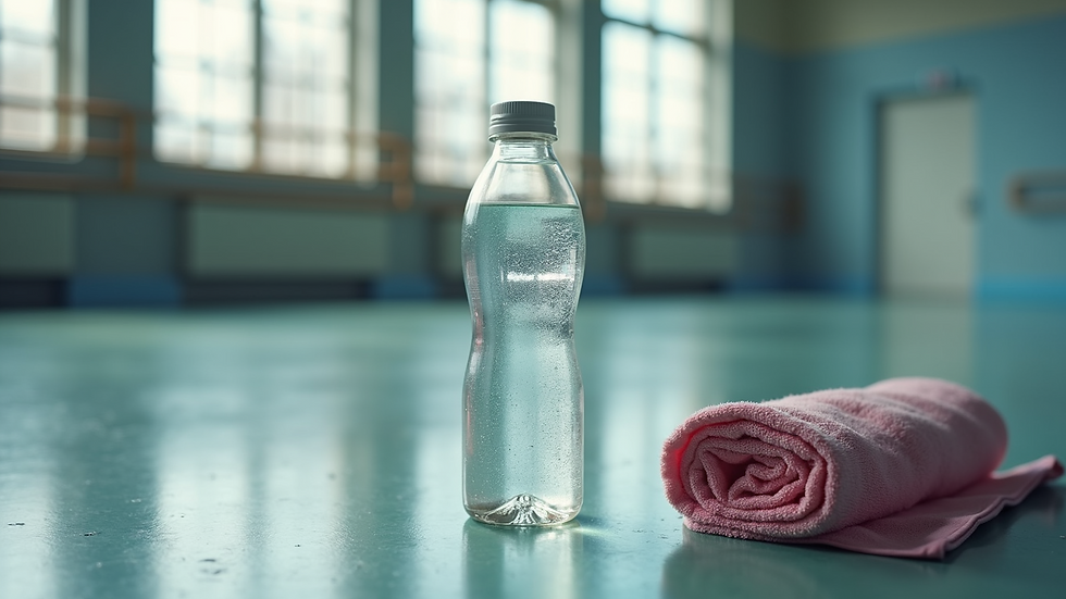 Close-up view of a water bottle and towel on a dance studio floor