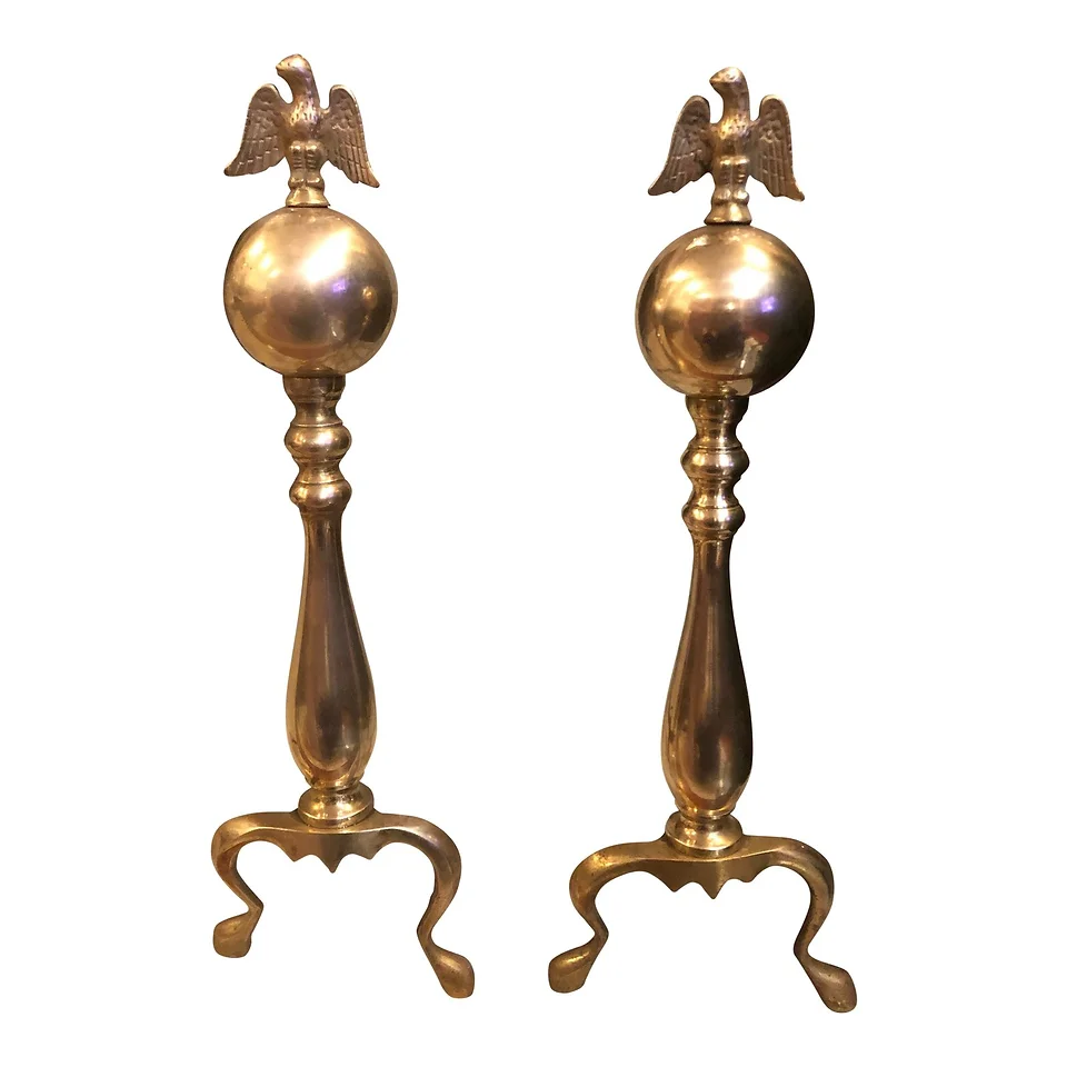 Early 20th Century Antique Brass Federal Style Andirons A Pair
