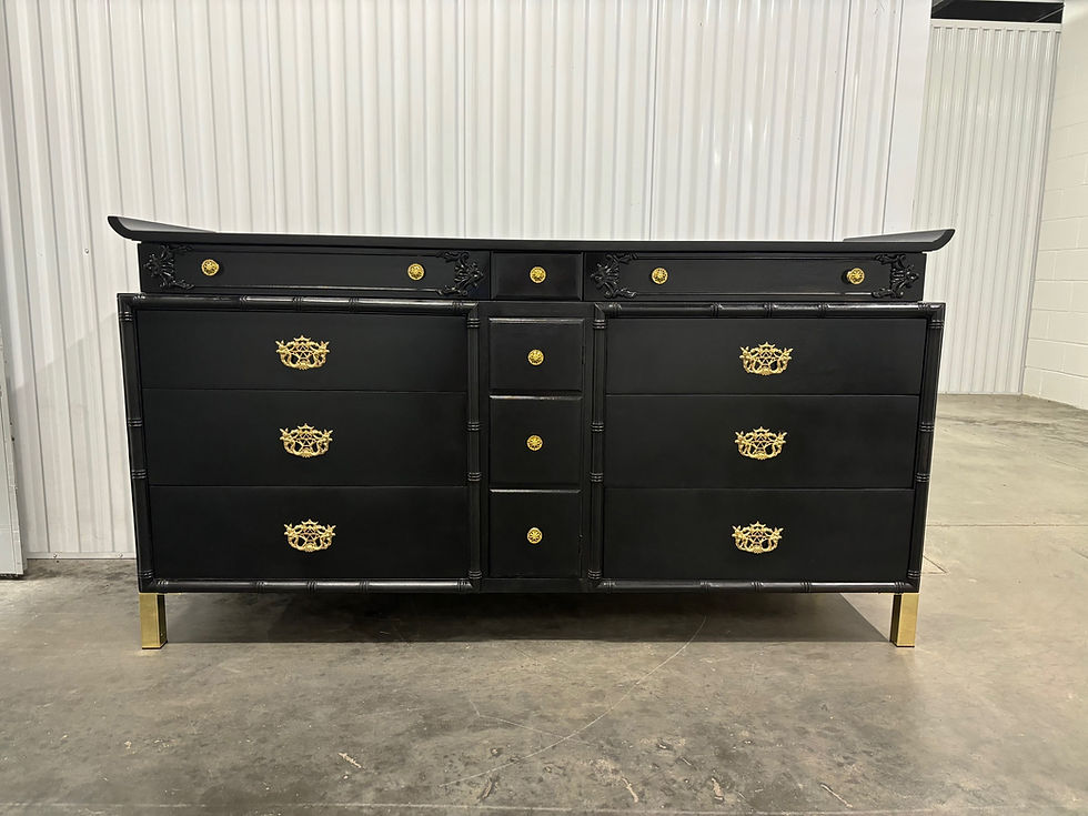 Thumbnail: Rare Mid 20th Century Chinoiserie Pagoda Painted Heavy Walnut Dresser