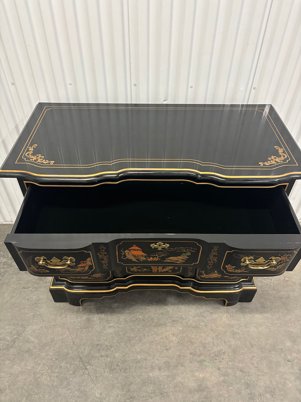 Thumbnail: Chippendale Habersham Chinoiserie Decorated Ebonaized Block Front Chest 20th C