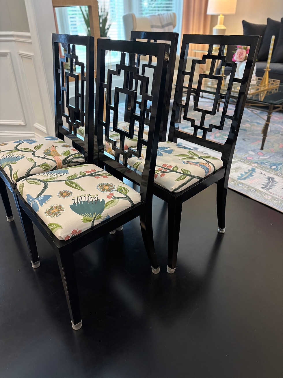 Thumbnail: Black Lacquered Fretwork Dining Chairs Attributed to Jean Claude Mahey for Roche