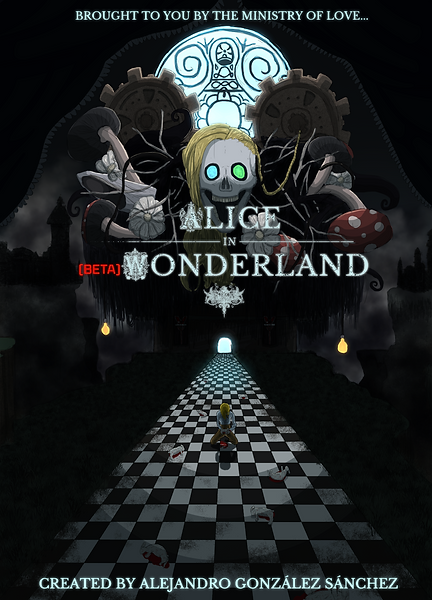 Poster de lice in [Beta] Wonderland, una serie de arte conceptual mostrando una perspectiva retro futurista y sombria de Alicia en el Pais de las Maravillas