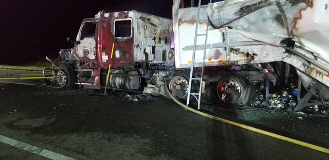 Fire destroys semi along I-55
