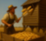 Image, courtesy of Dale Maley, depicting a farmer scooping eared corn into his crib.