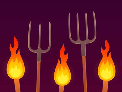 A series of pitchforks and flaming torches
