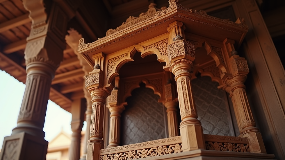 Eye-level view of intricately carved wooden pooja mandir with traditional motifs