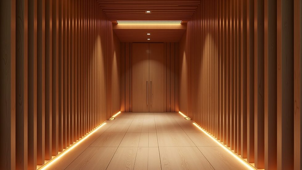 Eye-level view of a custom wooden interior with intricate paneling and warm lighting