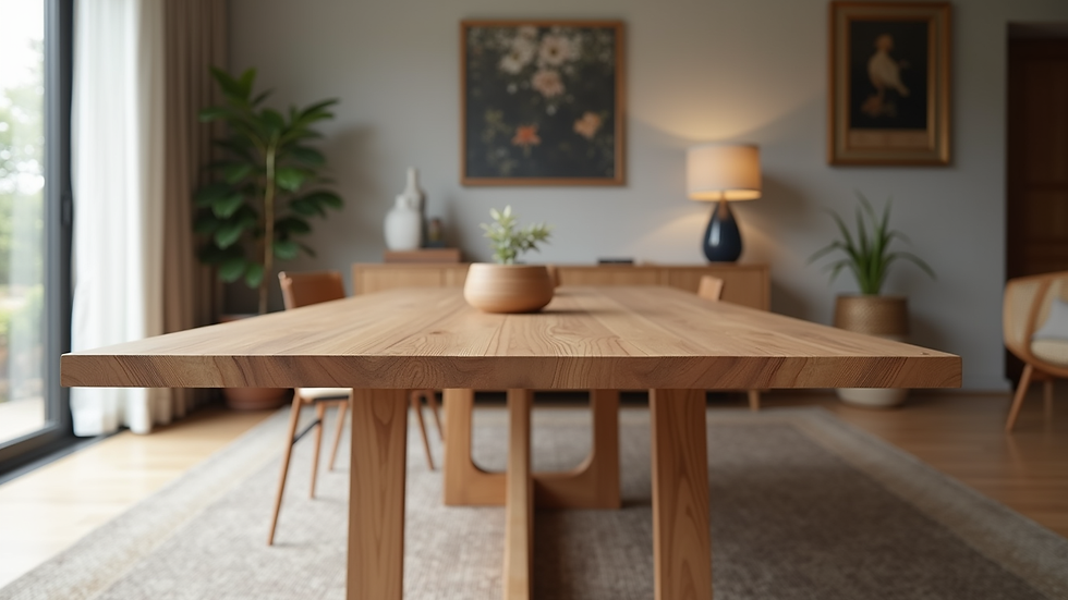 Eye-level view of a custom wooden dining table set in a modern living room