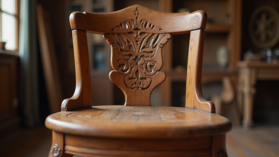 Eye-level view of a handcrafted wooden chair with intricate carvings